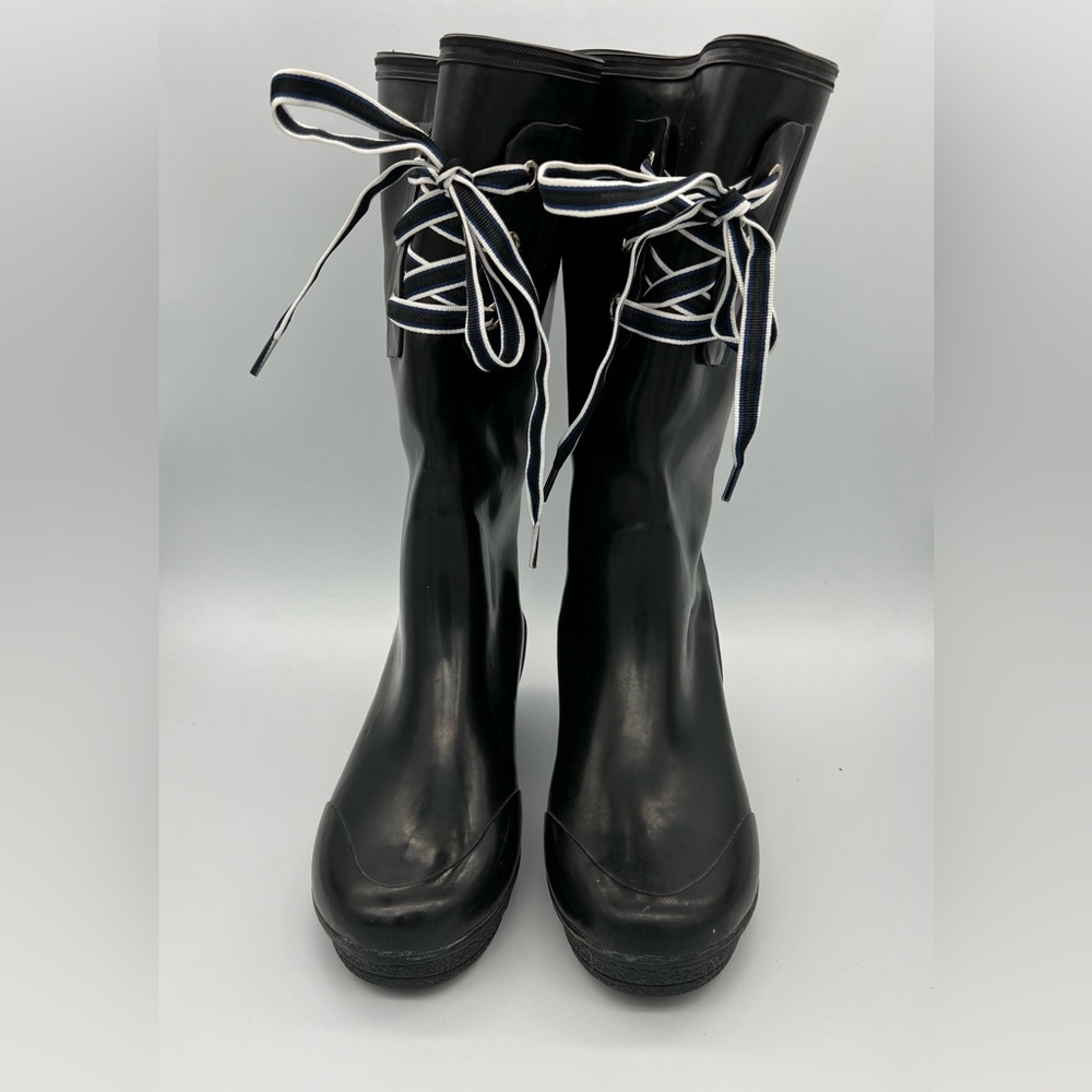 Sperry lace up, rubber, wedge heel rain boots, size 10